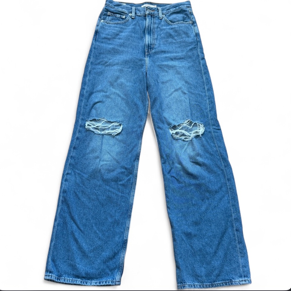 Levi's Premium High Loose Wide Leg Jeans W27 Distressed Light Wash